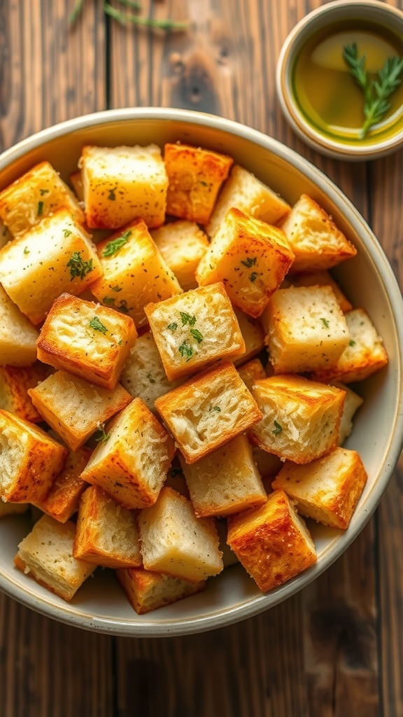 A bowl of crispy focaccia bread croutons, garnished with herbs and Parmesan cheese on a rustic table.